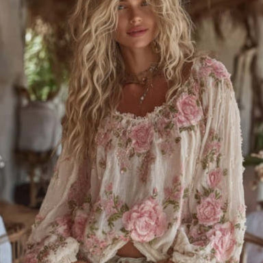 Retro top med rund hals og blomsterprint til kvinder