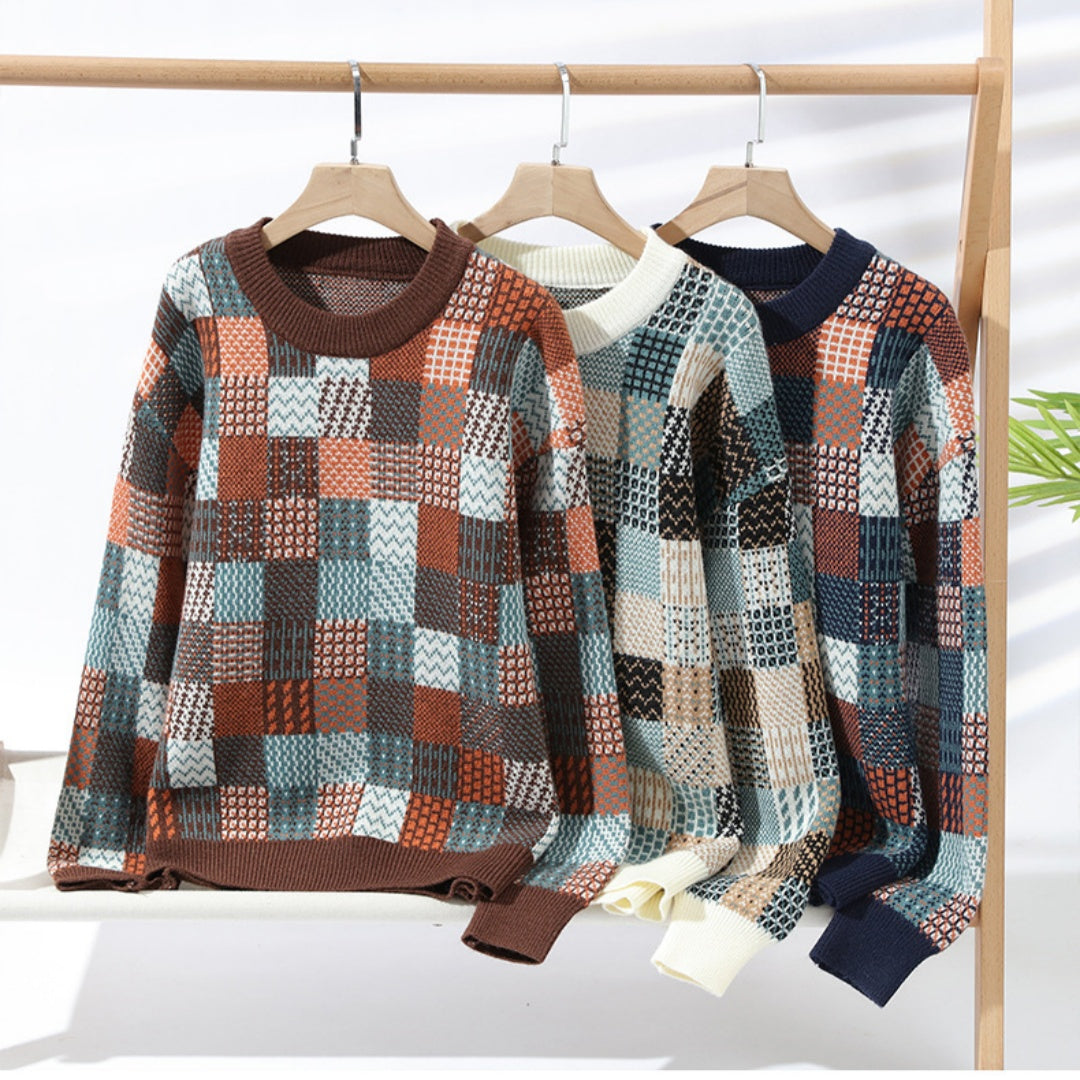 Mænds Enkle Afslappede Ternede Tykke Varme Sweater
