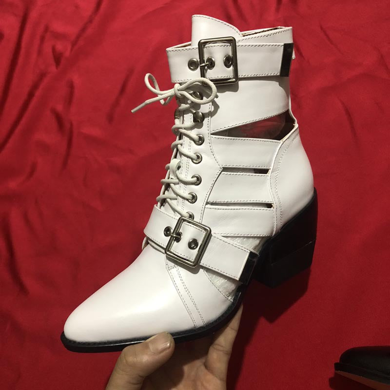 Belt Buckle Chunky Heels Pointed Toe Martin Boots Plus Size Shoes
