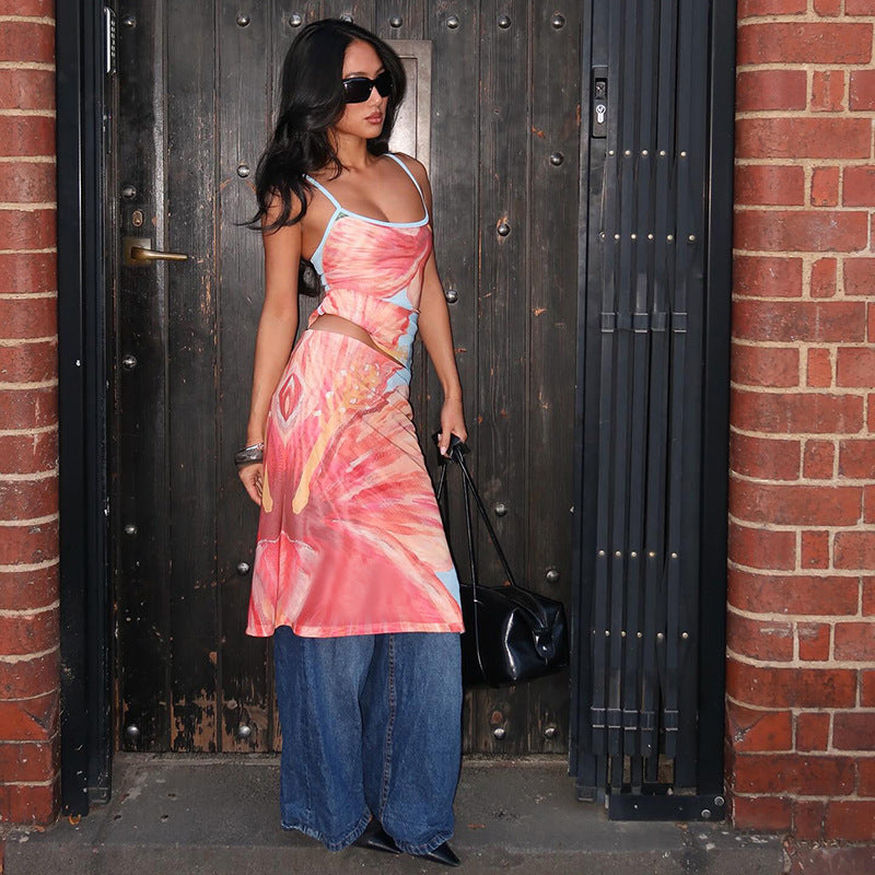 Ruffled Floral Print Sleeveless Camisole And Mid-Length Skirt Casual Set