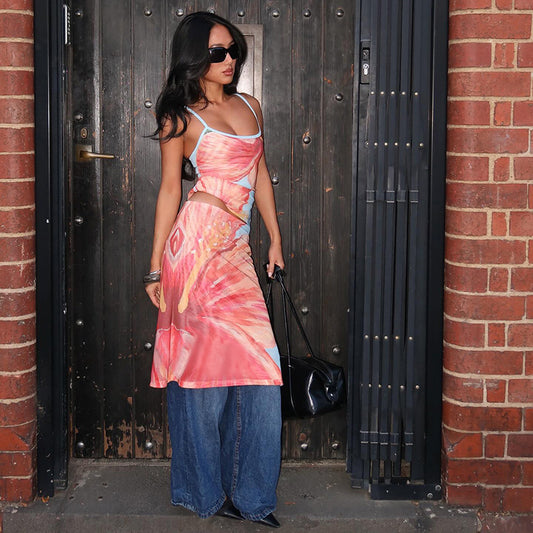 Ruffled Floral Print Sleeveless Camisole And Mid-Length Skirt Casual Set