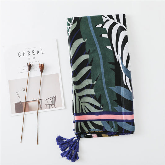 Leaf Painted Cotton And Linen Scarf Dual-use Sunscreen