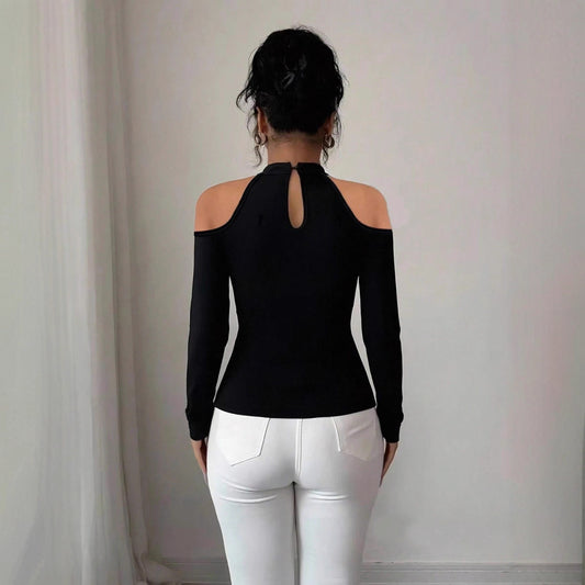 Hollow Out Shoulder-baring Applique Pleated Curved Hem Slim Top