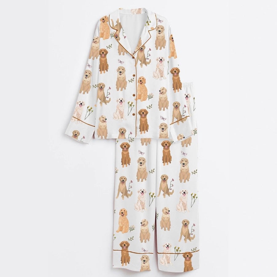 Fashionable Long-sleeve Printed Lapel Loungewear Pajamas