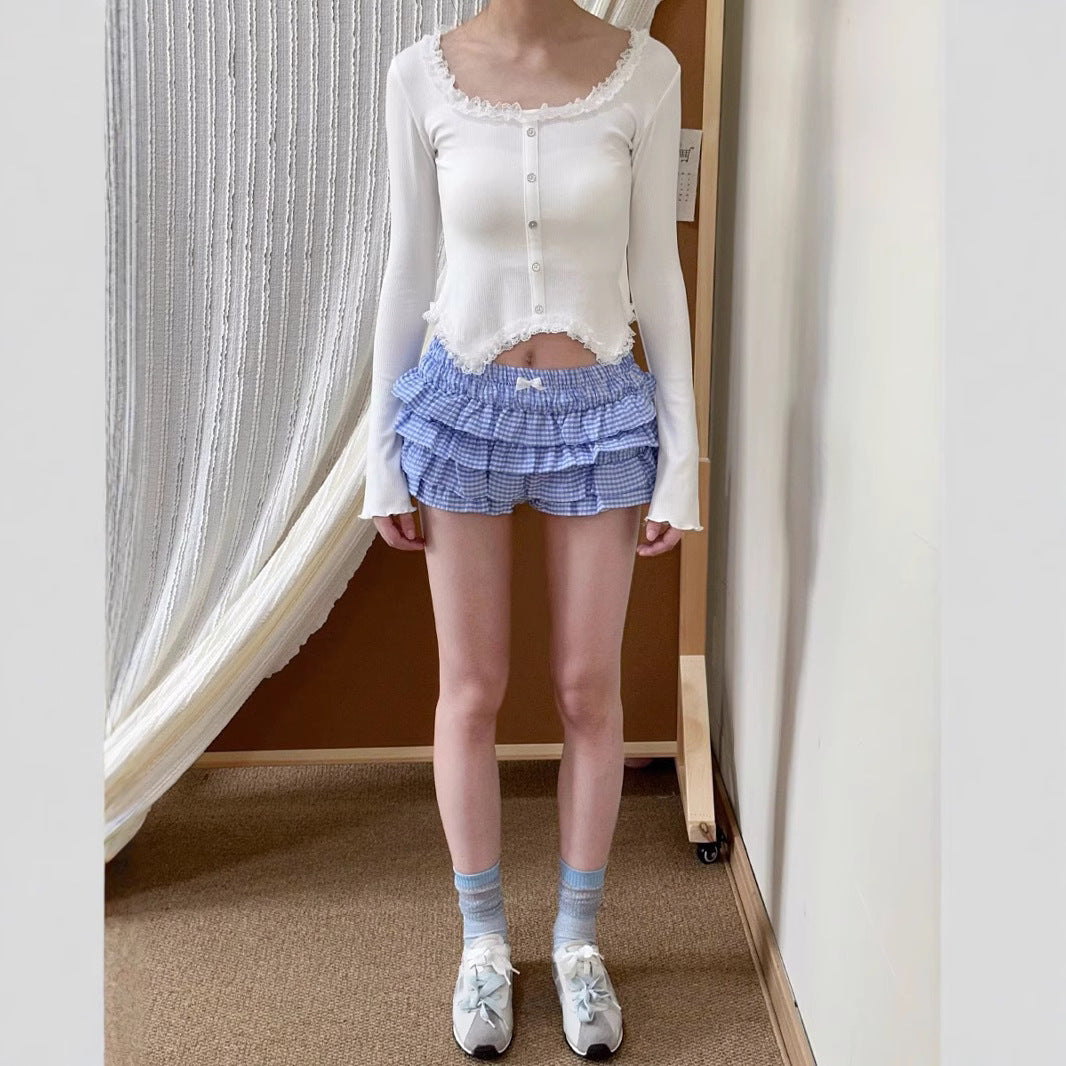Sweet Refreshing Low Waist Multi-layer Wave Lace Bubble Cotton Plaid Cake Dress