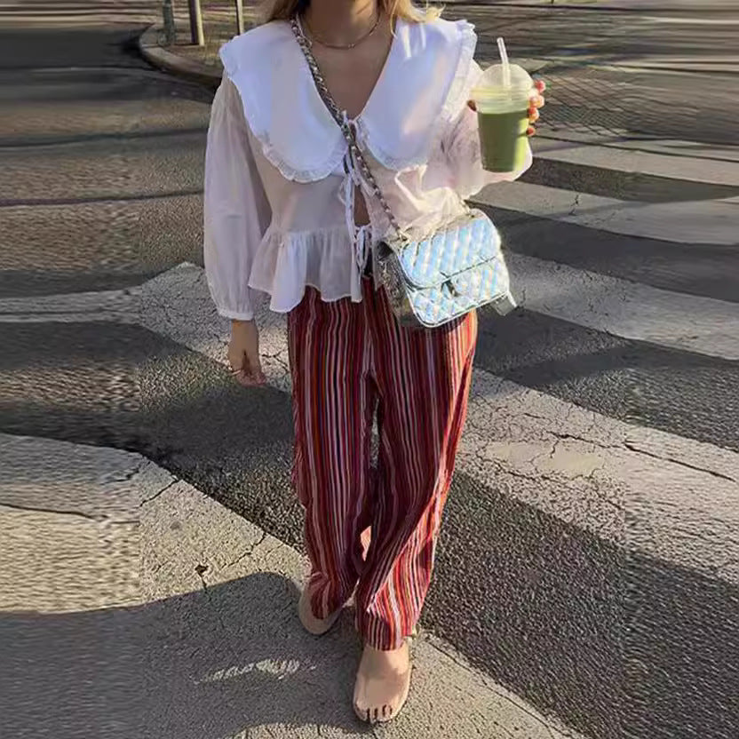 Cross Border Stringy Selvedge Lace-up Doll Collar Shirt Lantern Sleeve Sweet All-matching Top