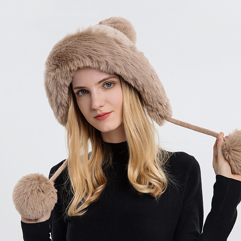 Three Fur Balls Outdoor Thickening And Fleece Cold Proof Warm Solid Color Knitted Hat