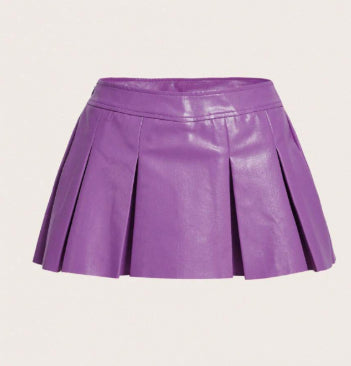 New Bottoms Solid Color PU Leather Pleated Skirt