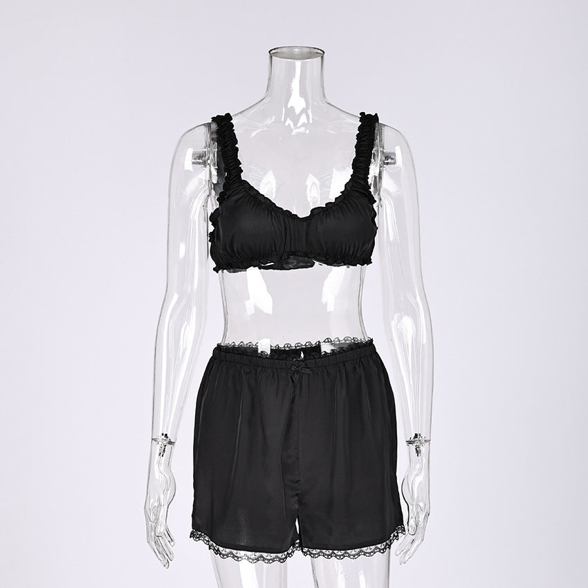 Dingmuerer Side Panel Lace Patchwork Shorts Set Pajamas Loungewear