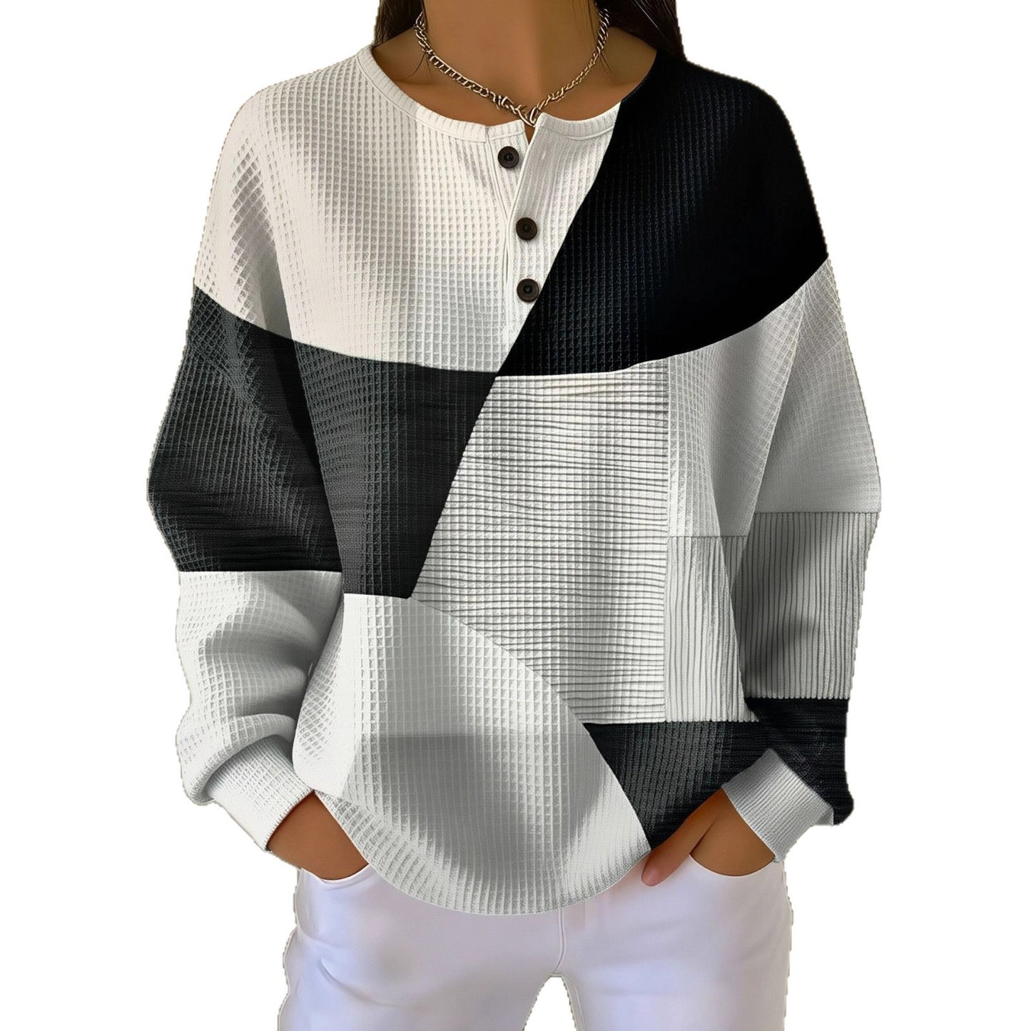 Retro 3D Digital Print Three-button Stand Collar Top