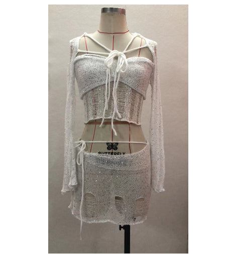 Fashion Sequin Embroidery Knitted Sweater Three-piece Set