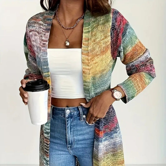 Ladies' Soft Acrylic Gradient Color Block Cardigan