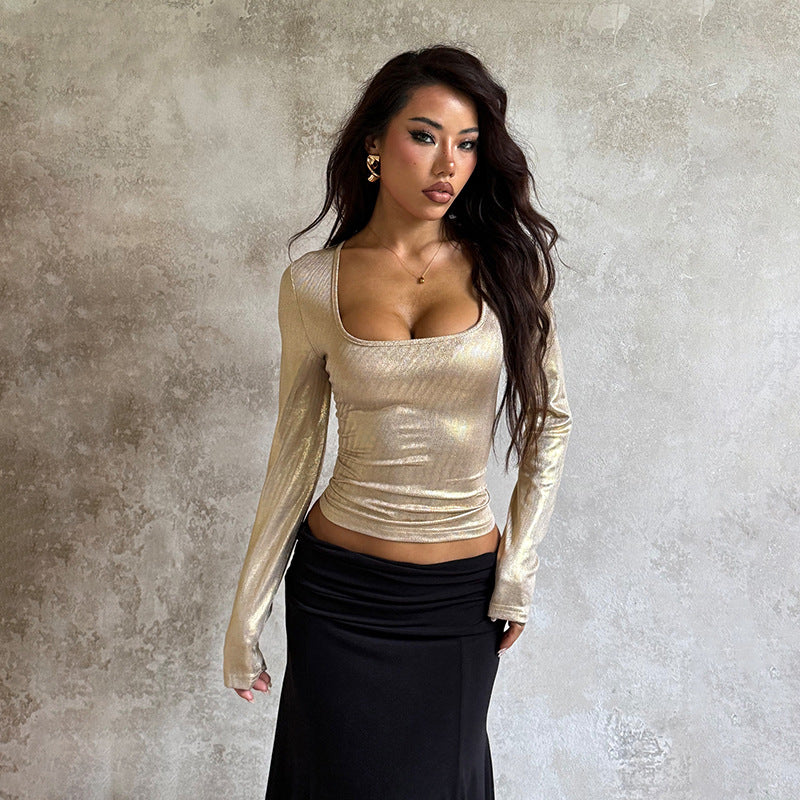 Square Collar Bronzing Slim Long Sleeve Top Women