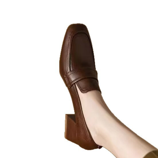 Women's Spring And Autumn New Medium Chunky Heel Soft Bottom Leather Shoes