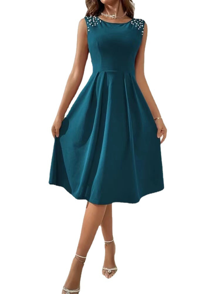 Women's Slim Fitting Round Neck Studded Sleeveless Dress