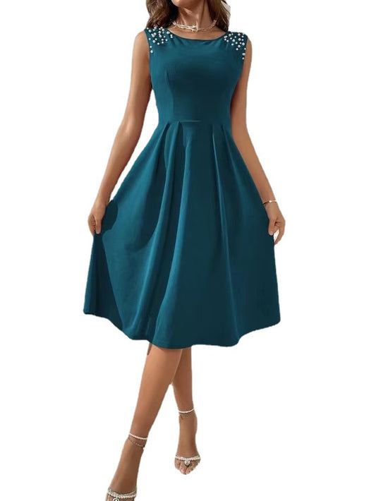 Women's Slim Fitting Round Neck Studded Sleeveless Dress