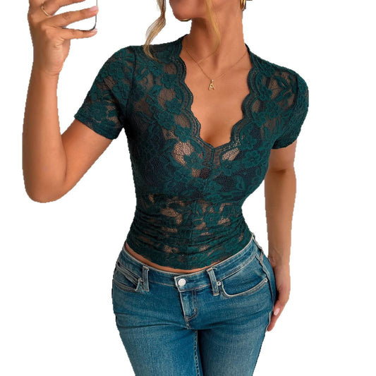 Slim V-neck Short-sleeved Bottoming Shirt Lace Can Be Worn Outside
