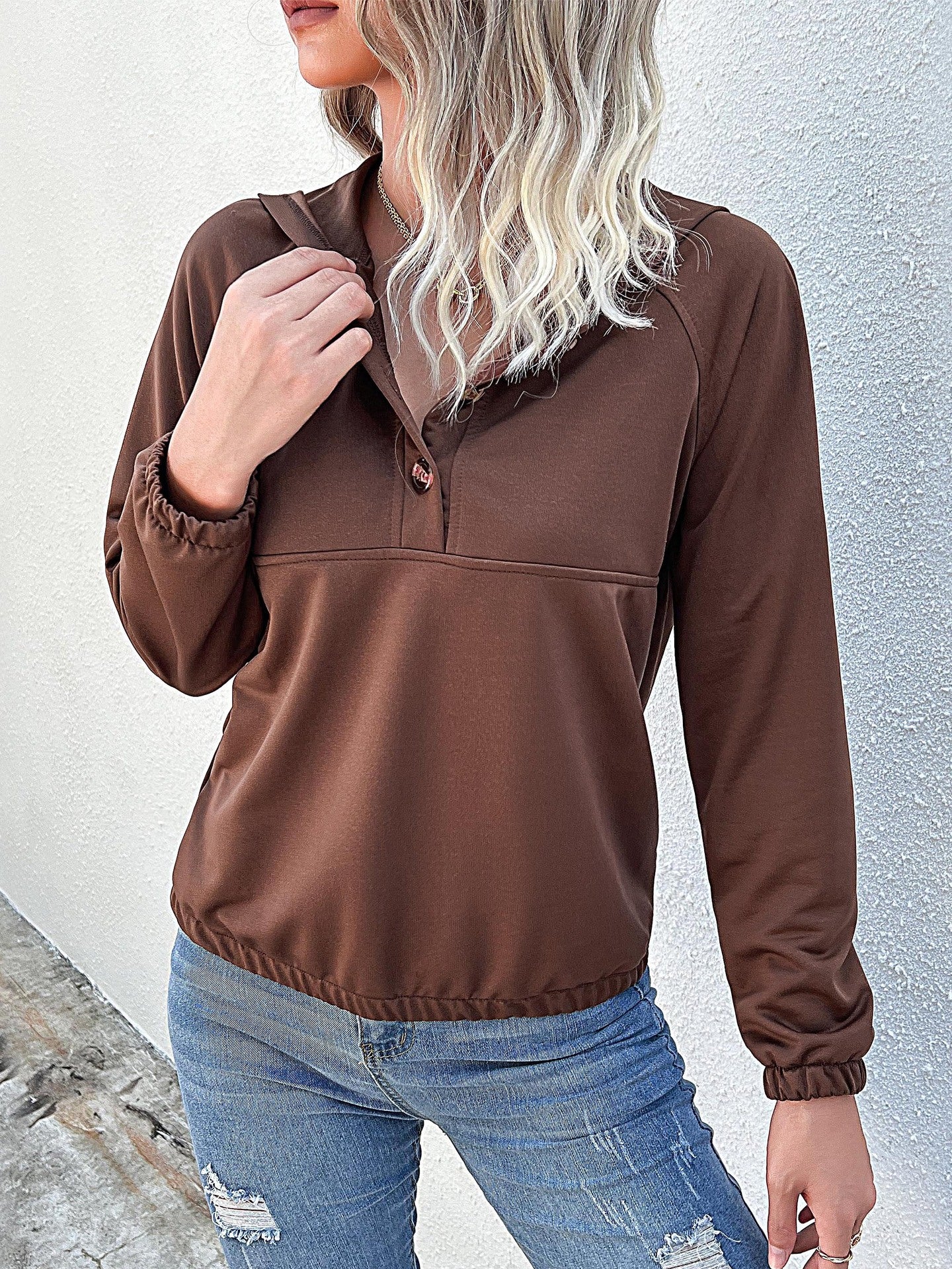 New Patchwork Casual Hooded Button Pullover Sweatshirt