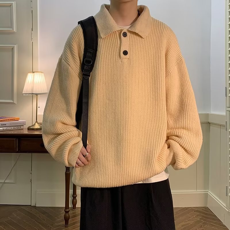 Polo Krave Sweater Herre Amerikansk Retro Kaffe Farve High Sense Oversize Indre Sweater