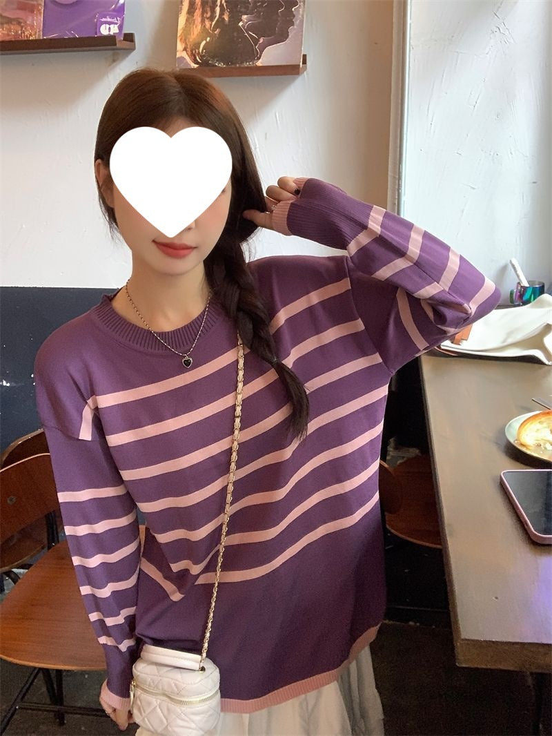 Idle Style Retro Striped Crew Neck Long Sleeves Knitwear