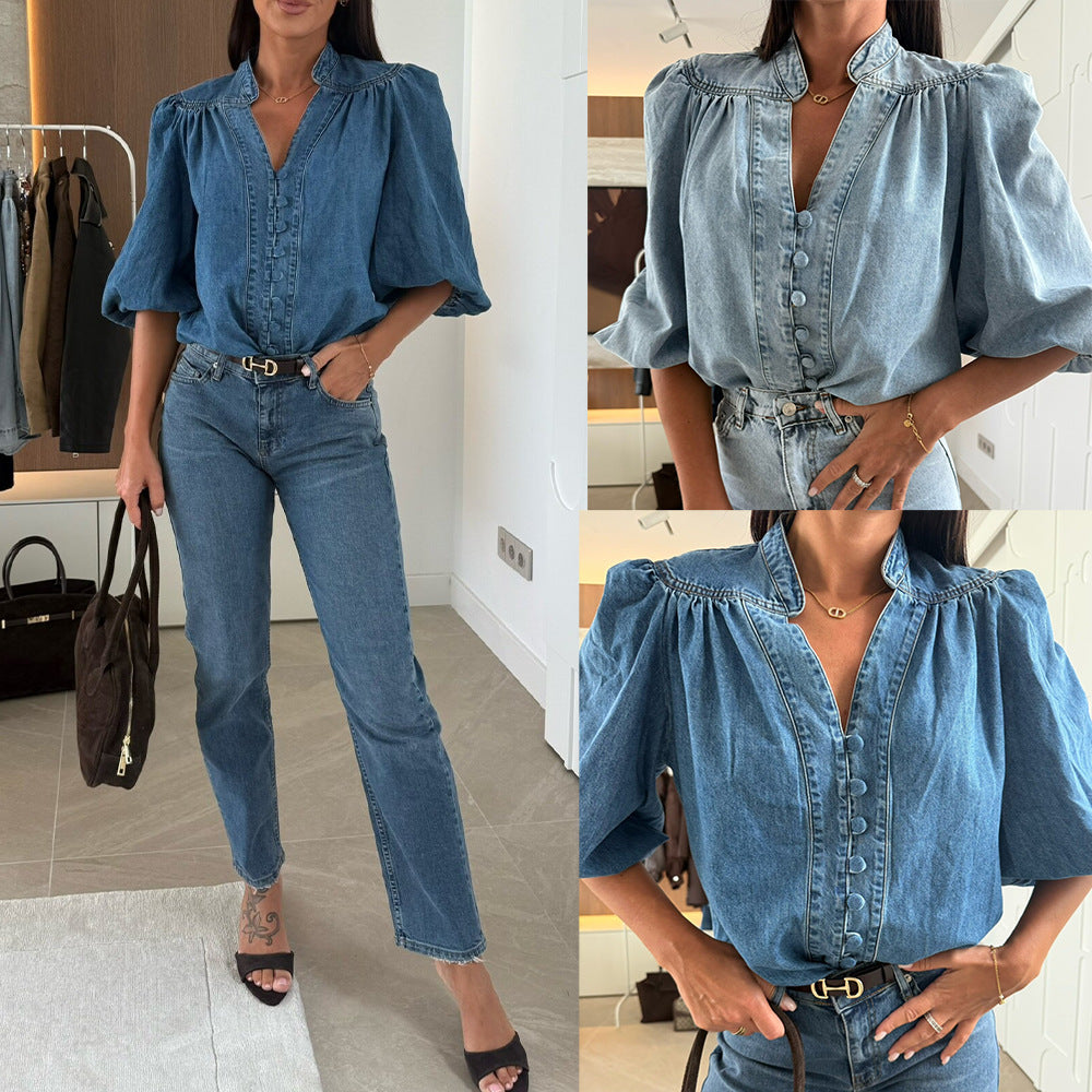 New Arrival Fashionabl Casual Retro Denim Shirt With Puffed Sleeves And V-Neck