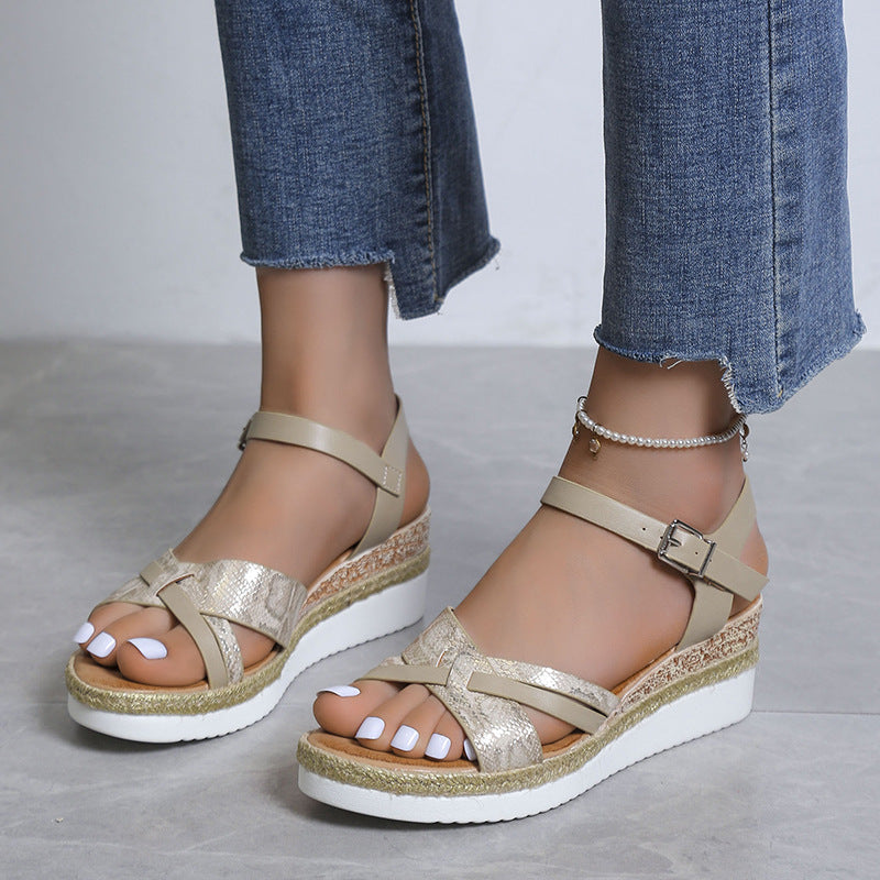 Women's Plus Size Buckle Wedge Platform High Heel Sandals