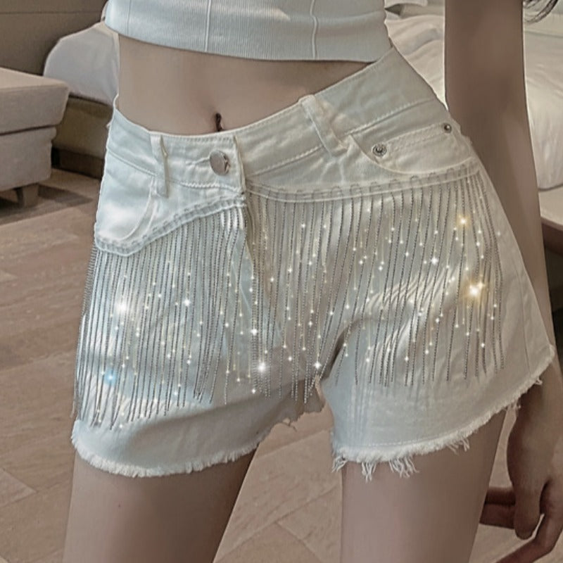 High Waist Denim Shorts Thin Black Chain Tassels