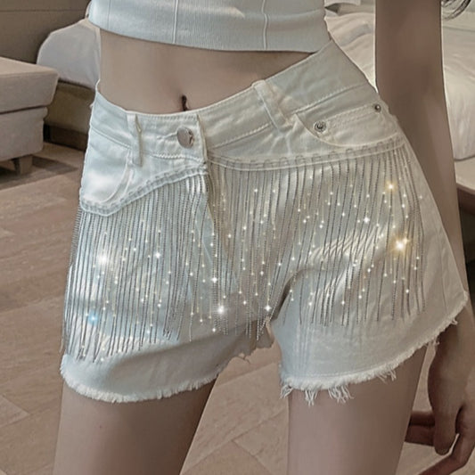 High Waist Denim Shorts Thin Black Chain Tassels