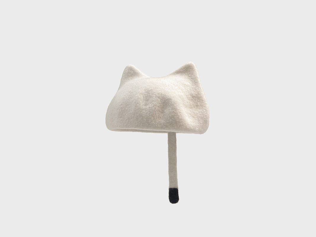 Cute Little Tail Cat Ears Wool Beret Fashion Octagonal Cap