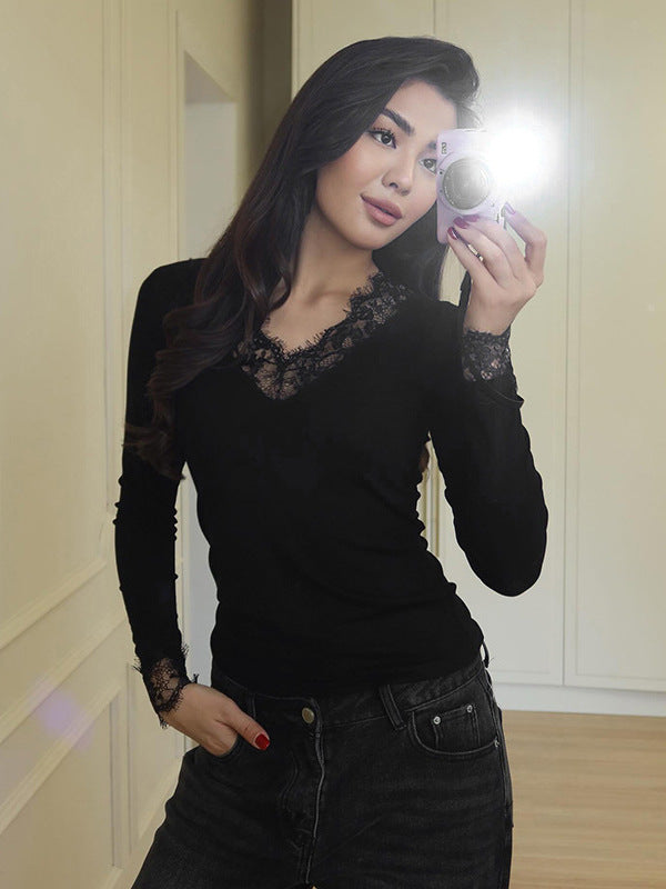 Womens New FallWinter Sexy V-Neck Lace Long-Sleeve Top