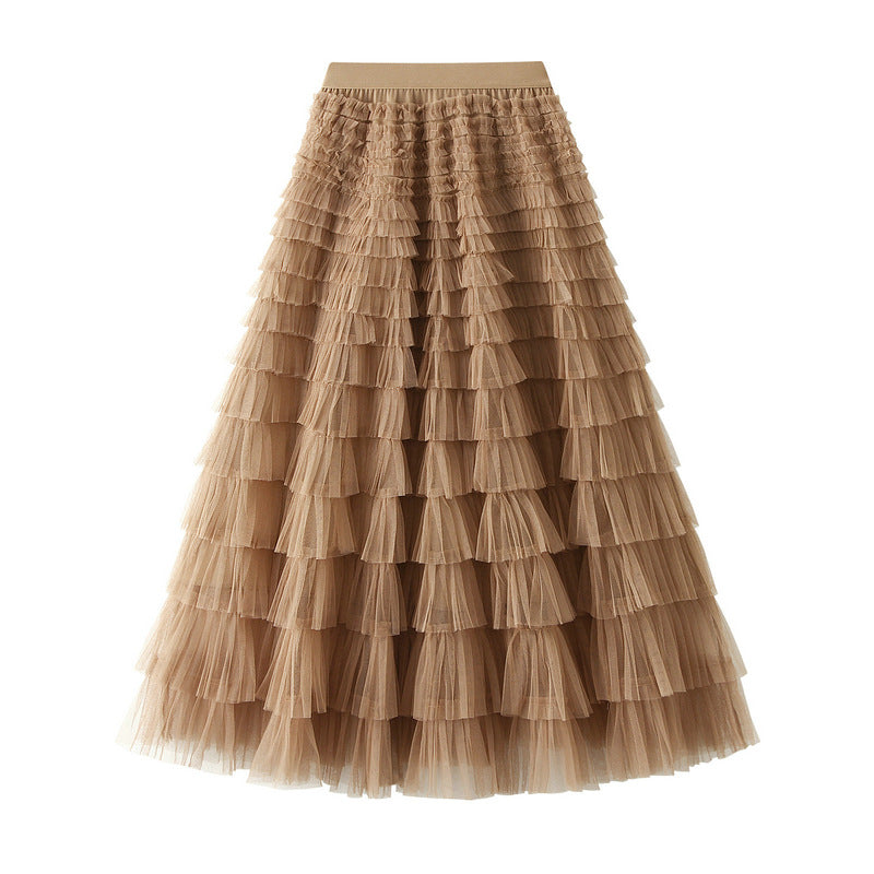 Line Mesh Ruffle Skirt Women's Temperament Sweet Long Skirt Slim Cupcake Dress Womens Clothing