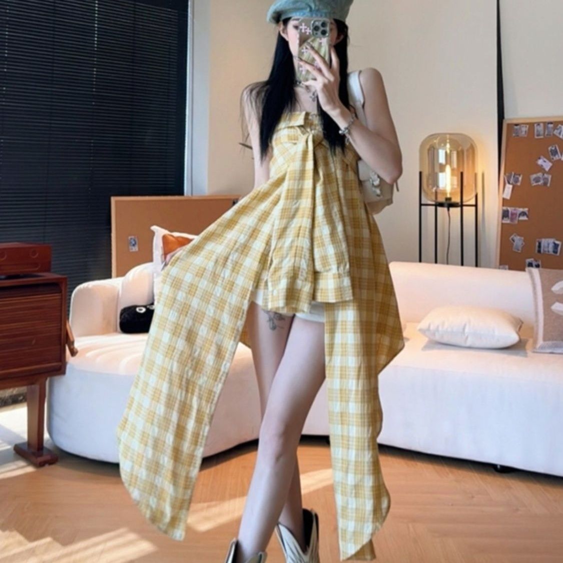 Women's Irregular Yellow Plaid Tube Dress