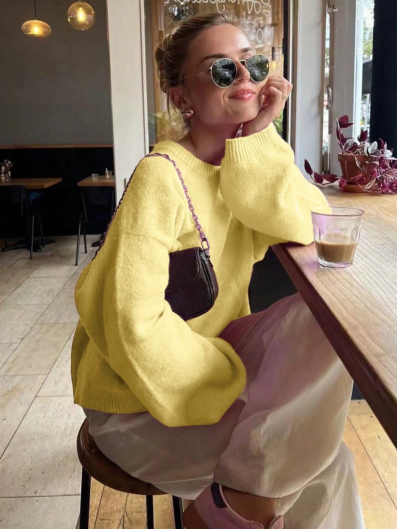 Yellow Solid Color Round Neck Long Sleeved Knitted Women's