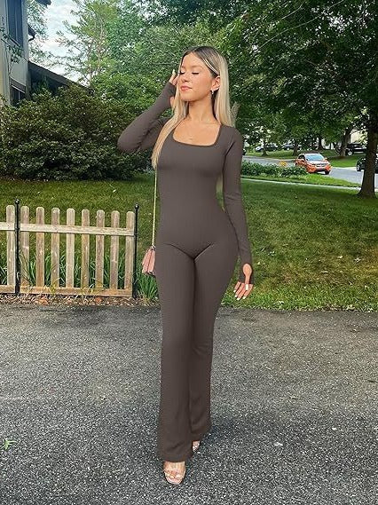 Women Yoga Jumpsuit Rib Sports Long-sleeved Top Bell-bottom Pants