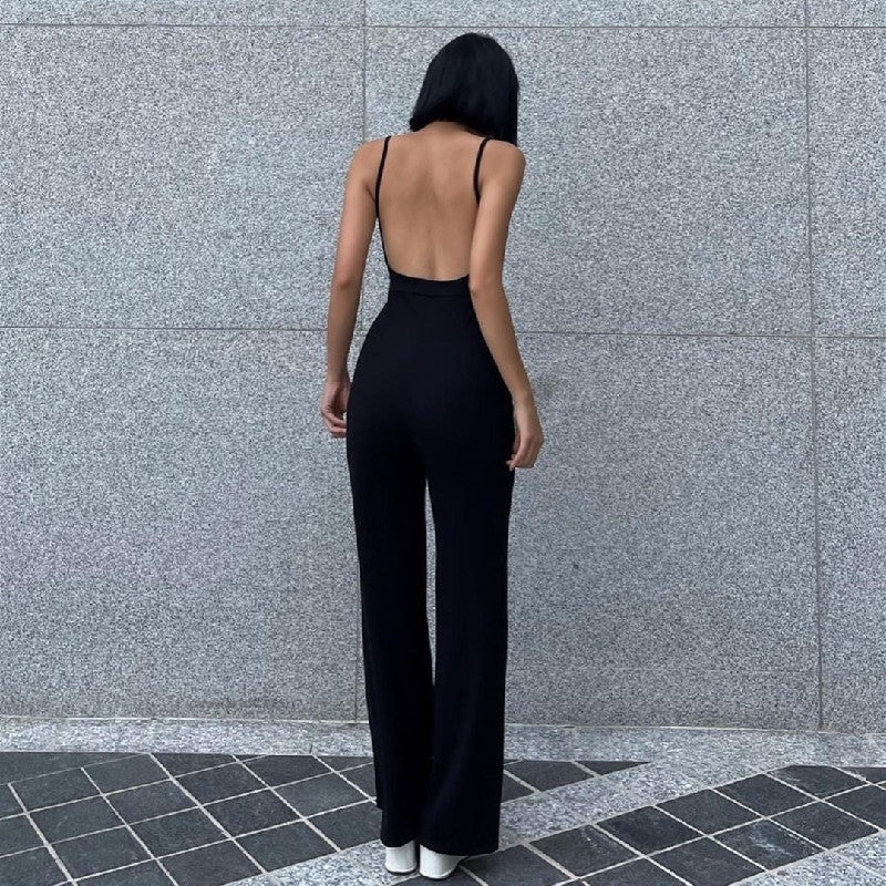 Ins European And American New Solid Slim Back Slim Jumpsuit