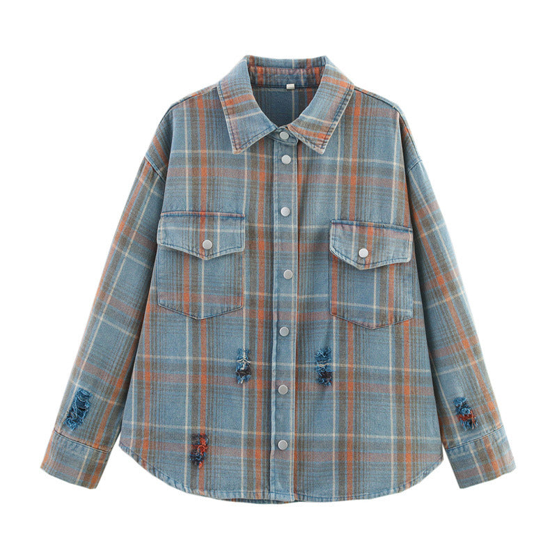 Washed Hand Frayed Blue Plaid Shirt Coat