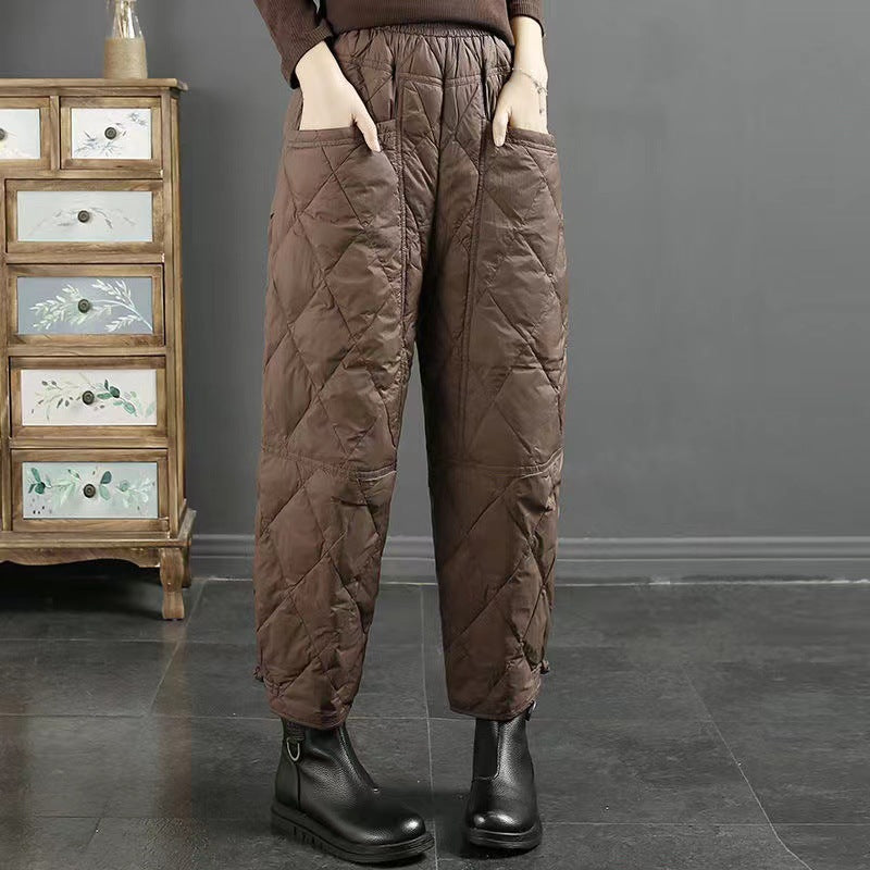 Women's Retro Artistic Solid Color Down Wadded Trousers Rhombic Pressure Wire Buckle Windproof Warm Casual Pants