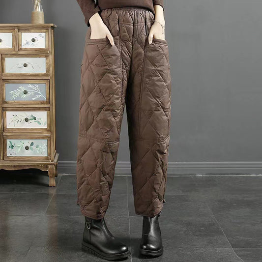 Women's Retro Artistic Solid Color Down Wadded Trousers Rhombic Pressure Wire Buckle Windproof Warm Casual Pants