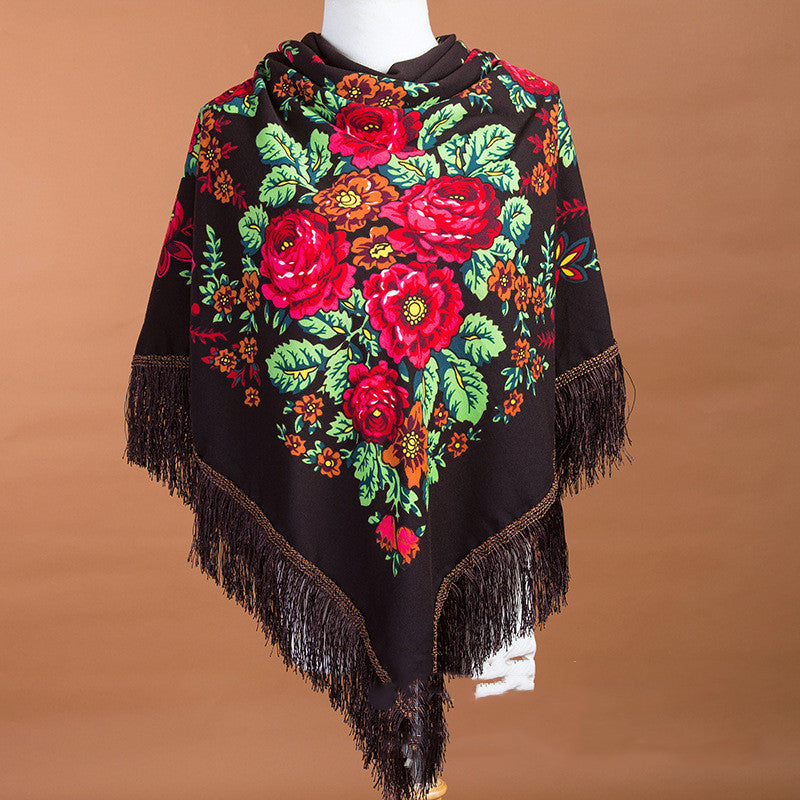 Large Square Scarf Shawl With Ethnic Print Tassels To Keep Warm