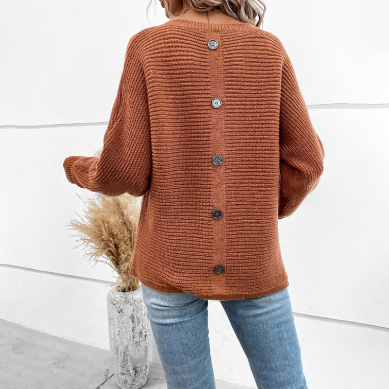 Back Button Batwing Sleeve Sweater