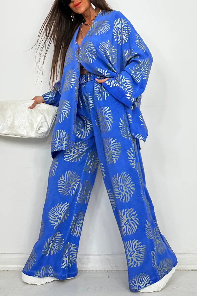 Women's Lapel Print Loose Casual Long Sleeve Set
