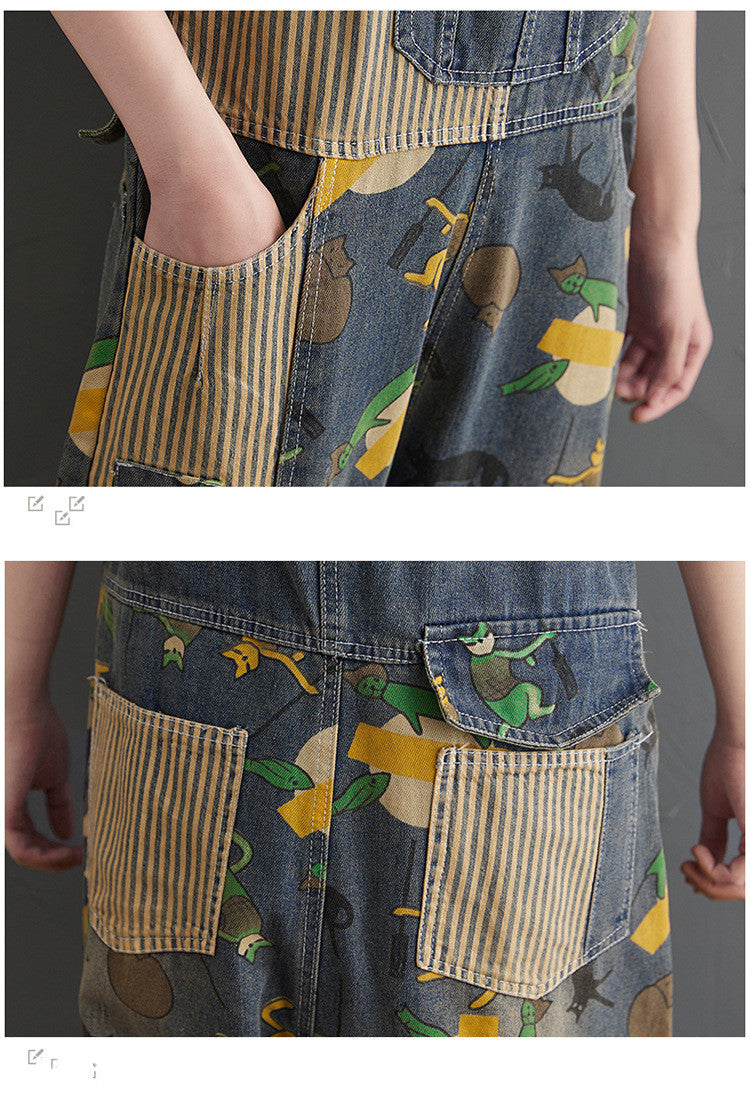 Women's Loose Plus Size Cartoon Print Denim Overalls