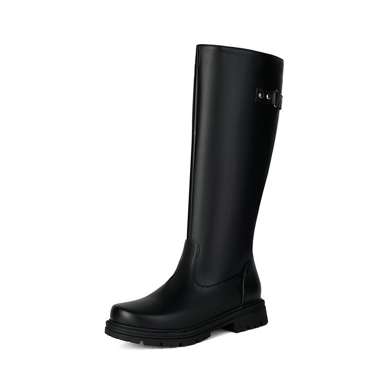 Womens Retro British-Style Leather Belt-Buckle Riding Boots