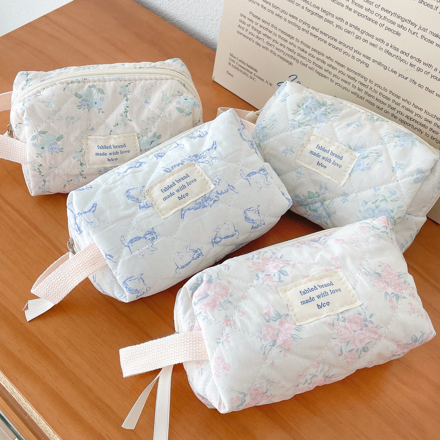 Navy Floral Clutch Cosmetic Bag Korean Style Cute Girl Heart Kitty Storage Bag Sewing Thread Cotton Bag