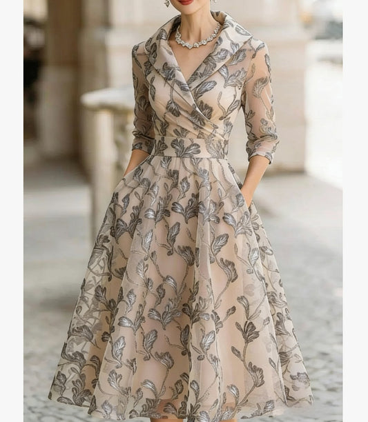 Printed V-neck Long-sleeve Dress Women