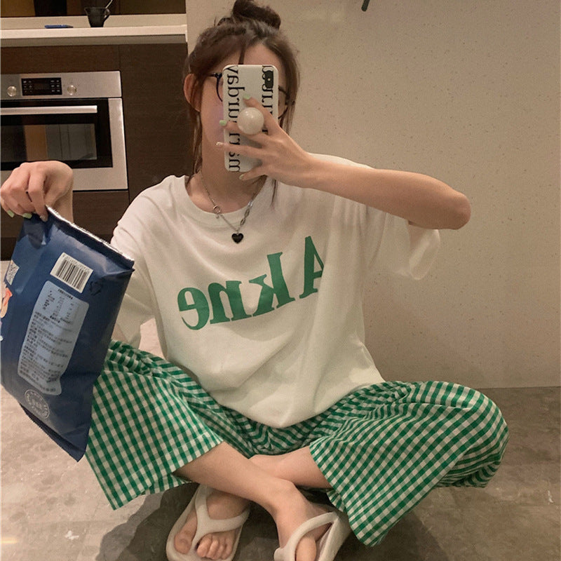 Loose Casual Simple Plaid Homewear Two-piece Suit