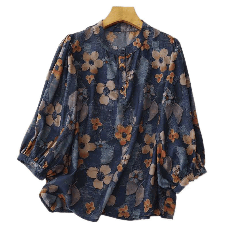Retro Chic Printet Chiffon Top til Kvinder med Trekvartærmer
