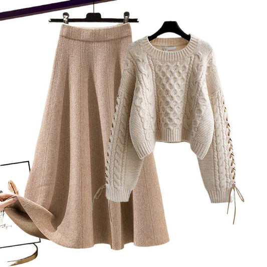 Stylish Figure-flattering Knit Sweater And Skirt Two-piece Set