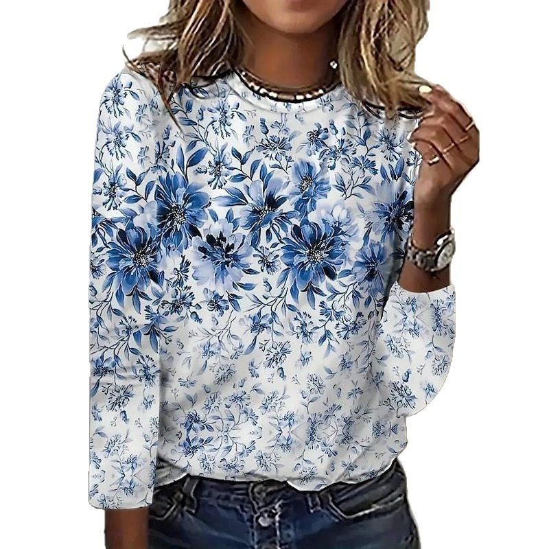3D Digital print Floral Crew neck Long sleeve Pullover
