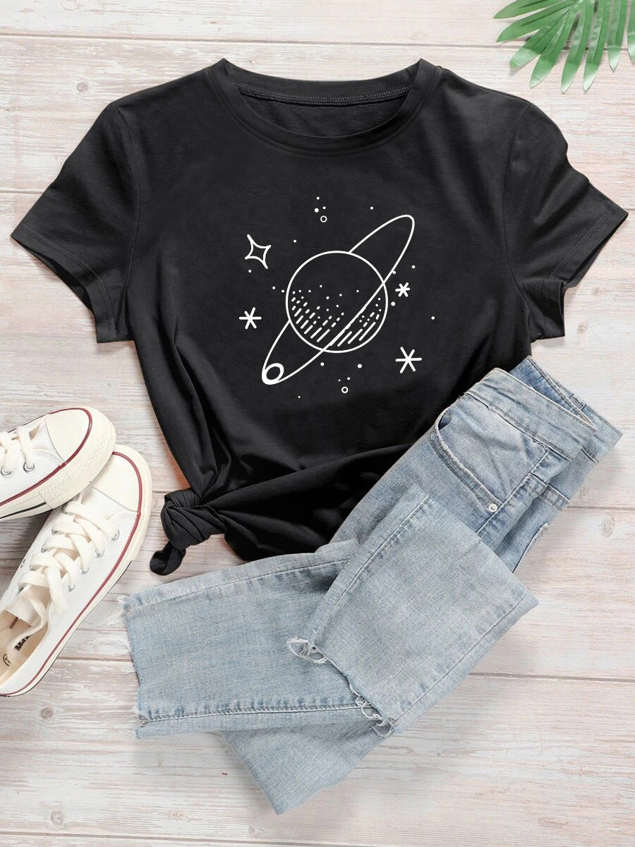 Dame alsidig T-shirt med planetprint, afslappet, løs pasform, korte ærmer
